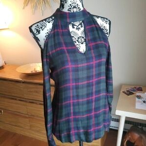 Holiday Plaid Cut-Out Blouse